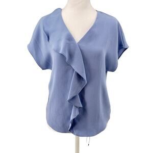 💎 Trina Turk Ruffle Front Blouse XS – Light Blue Dressy Work Top Made in USA